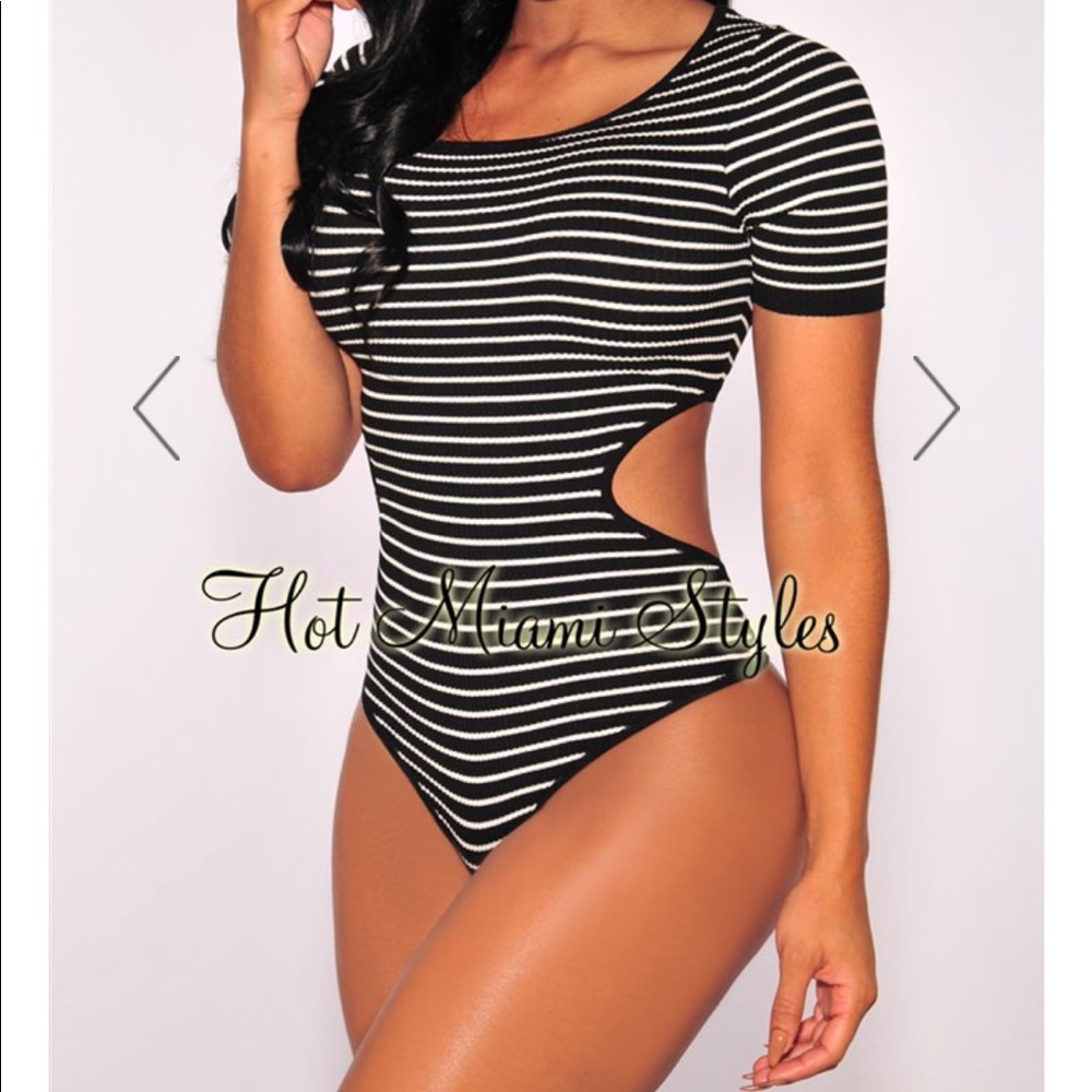Black Knit Striped Open Back Bodysuit